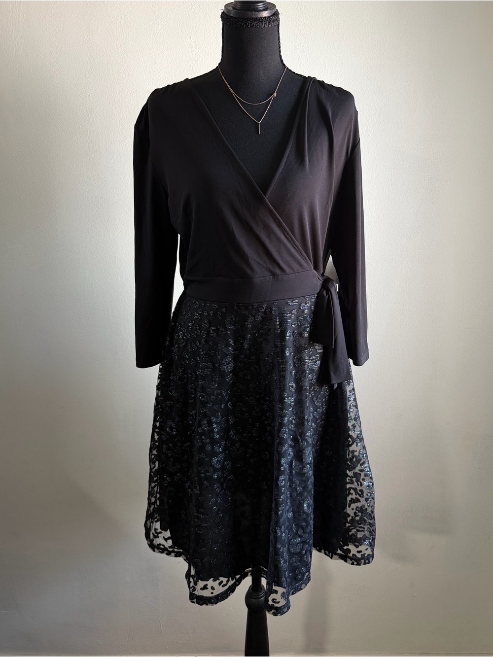 Black Wrap Bodice Lace Skirt Dress
